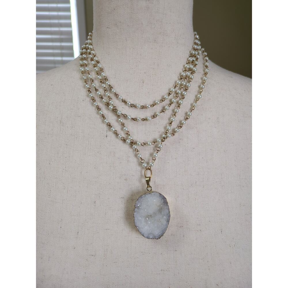 Susan Shaw Multistrand Pearl And Gold Tone Necklace With Natural Quartz Pendant